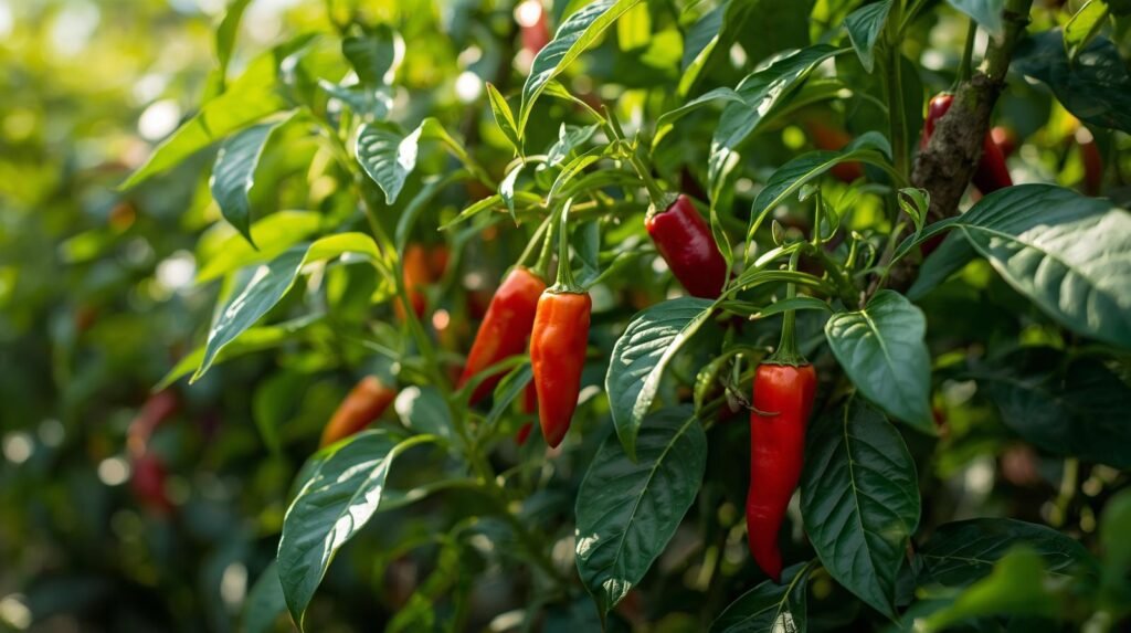 “Healthy chilli plants loaded with red and green chillies, lush green leaves, organic farm setting, bright natural sunlight, high-detail agricultural photography”