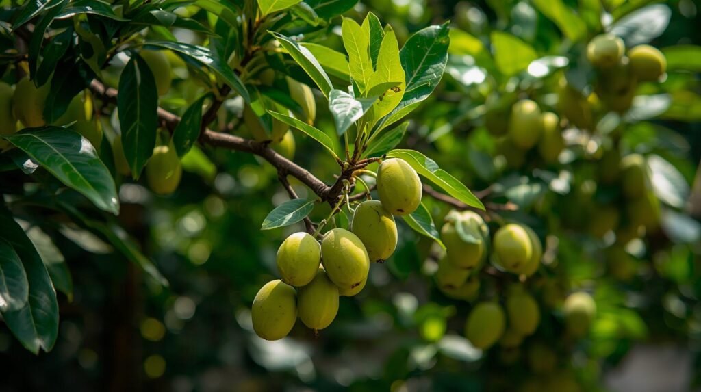 “Healthy longan tree growing in home garden, clusters of small green longan fruits on branches, lush tropical foliage, bright natural sunlight, high-resolution home gardening photography”