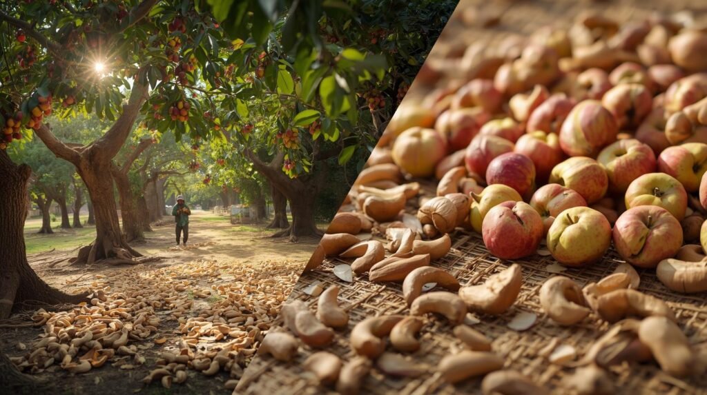 Create a split image showing two halves. Left half: a rural village cashew orchard with farmers harvesting fallen cashew nuts under mature trees, warm sunlight, natural colors. Right half: close-up of cashew apples and raw cashew nuts drying on mats in a traditional village setting, realistic, high detail.